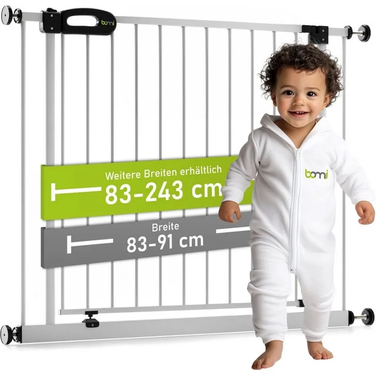 BOMI Türschutzgitter Babygitter Ohne Bohren Merle XXL 83-243 cm, Treppengitter zum Klemmen - 90 Grad Feststellfunktion der Tür