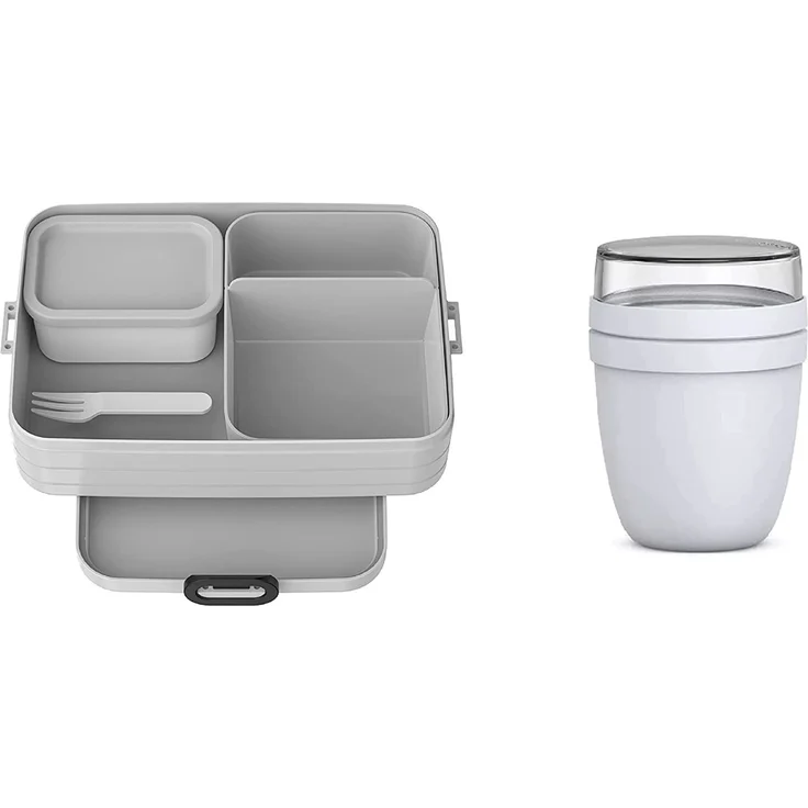 Mepal 2-tlg Starter Set Snacks to go – Bento-Lunchbox Large mit Lunchpot – praktischer Müslibecher – Brotdose mit Fächern, geeignet für bis zu 8 Butterbrote, TPE/pp/abs, 0 mm Limited Edition Cool Grey/Grau – Bild 1