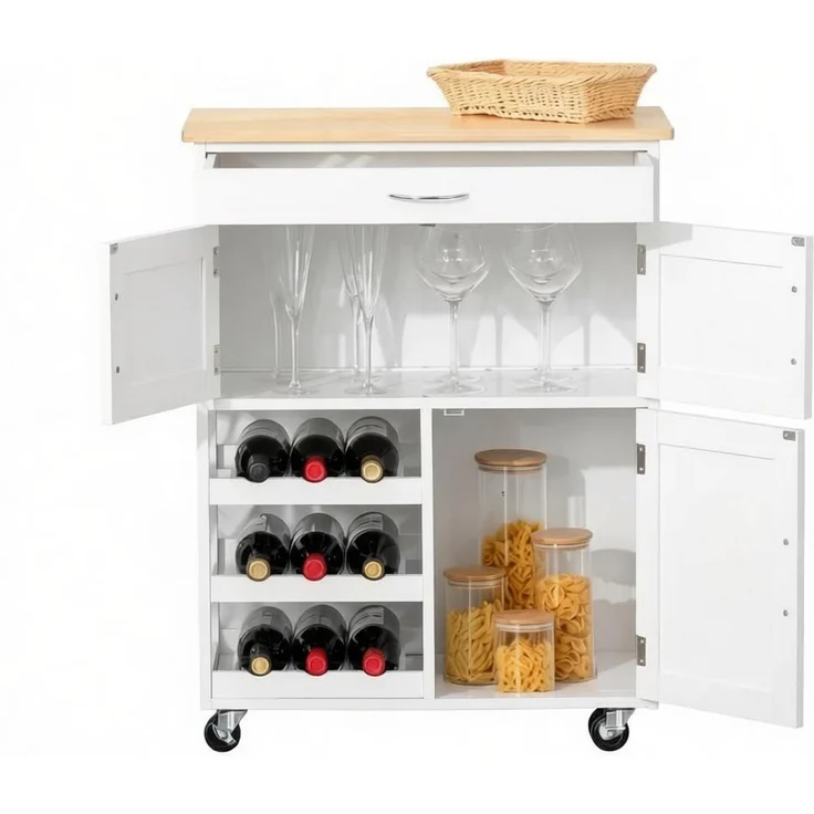 Kompakter Küchenwagen mit Aufbewahrungsraum,Platzsparender Rolling Buffet-Schrank,Küchenaufbewahrungsorganisator--Weiß--67x37x87cm--YOUDENOVA – Bild 3