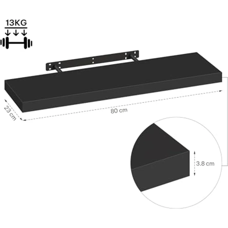 eSituro Wandregal, schwebendes Regal für Wandmontage, Schweberegal Hängeregal Wandbrett im Wohnzimmer Schlafzimmer Küche Badezimmer, schwarz modern, MDF, 80 x 3,8 x 22,9 cm – Bild 4