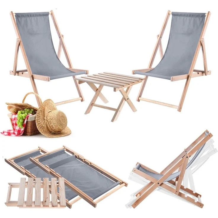 KADAX-Set bestehend aus natürlichem Couchtisch für Liegestühle + 2 Liegestühlen aus grauem Holz – Bild 1