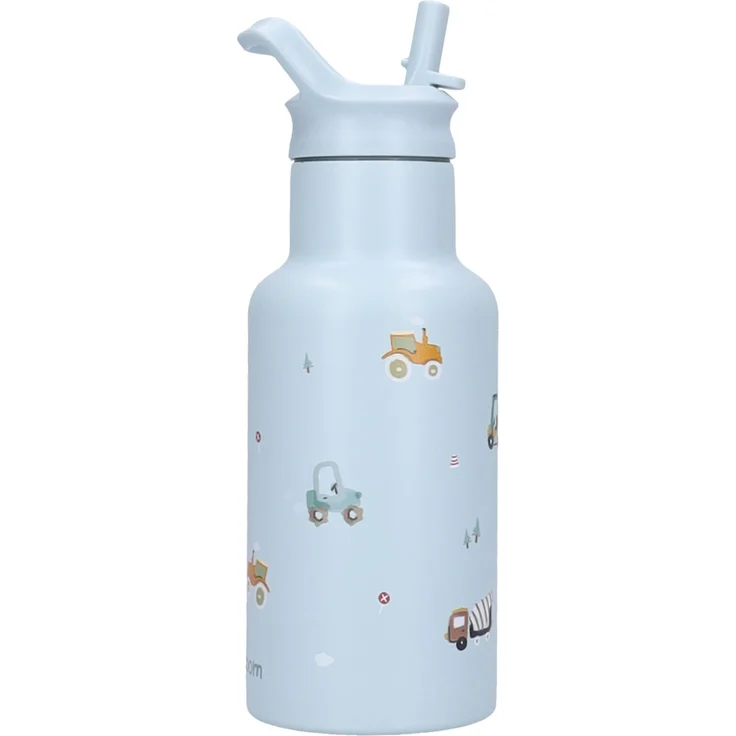 Kidzroom Little Story Edelstahl Trinkflasche Kinder 350 ml mit Strohhalm Fahrzeug Motiv für Schule und Kita – Bild 3