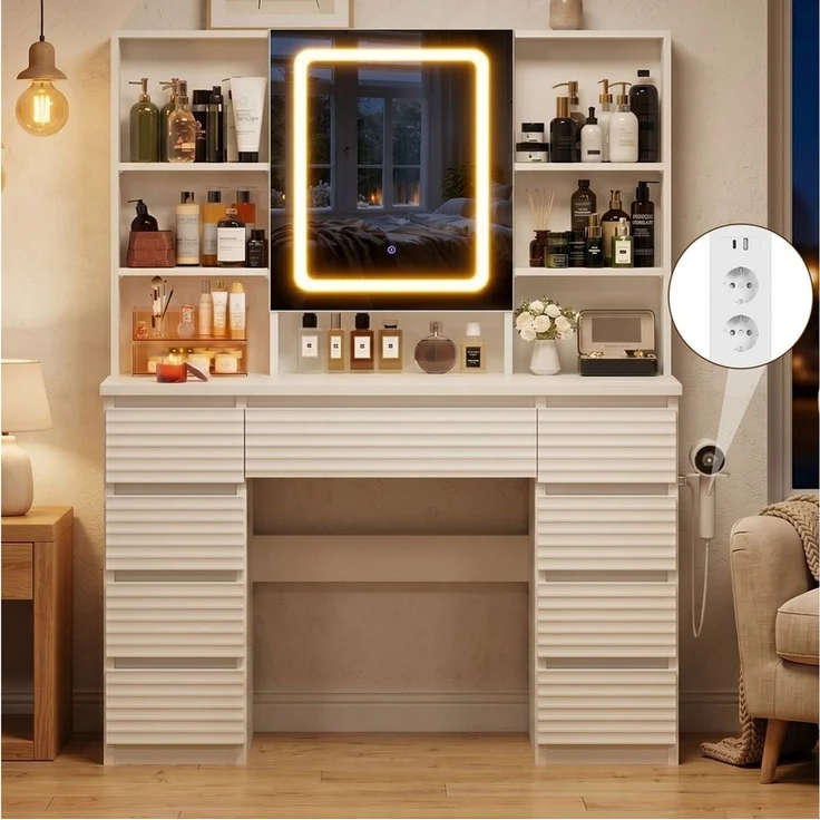 HOMALL Schminktisch LED-Schminkspiegel, schwarz-weißer Schminktisch und Hocker im Set (Kombination aus 9 Schubladen, 7 offenen Fächern und Stauraum hinter dem Spiegel, Maße: 108 x 40 x 146 cm, mit 2 Steckdosen, 1 USB-Anschluss und 1 Typ-C-Anschluss sow... – Bild 1