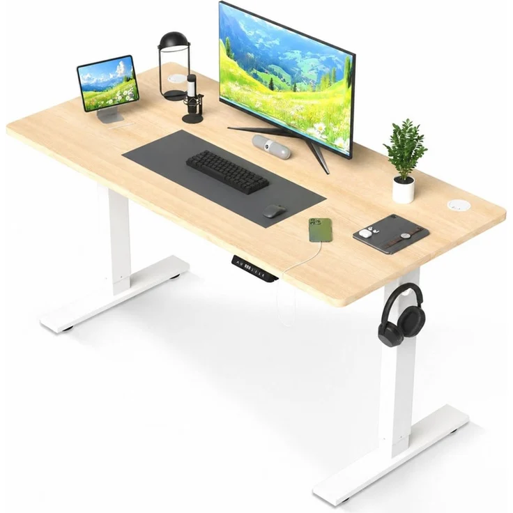 HOMAVO höhenverstellbarer Schreibtisch 80×180 cm, mit Memory- und Anti-Kollisionsfunktion, USB-A- und USB-C-Anschlüssen, Höhe 70–120 cm, Natu – Bild 1