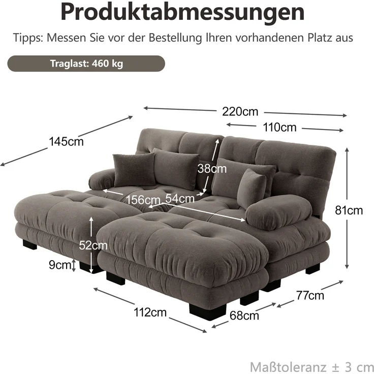 EINHOM Cloud Ecksofa für Wohnzimmer, Chenille Doppelsofa mit 2 Lendenkissen und 2 Dekokissen, Polstersofa mit breiten Armlehnen und 2 Ottomans, Chenille Braun – Bild 2