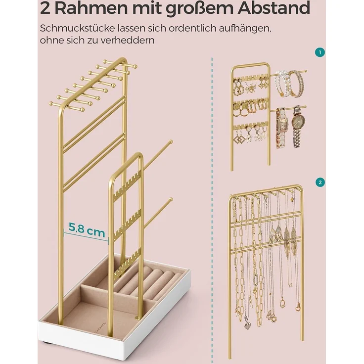 SONGMICS Schmuckständer, Schmuckhalter, Metallrahmen, Schmucktablett Samt, Schmuckaufbewahrung für Halsketten Armbänder Ohrringe Ohrstecker Ringe, Geschenkidee, Weihnachten, goldfarben JJSDE021A01V1 – Bild 3
