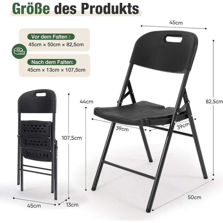 Sekey Klappstuhl 2er Set, Klappstühle aus Kunststoff und Metall, Campingstuhl Gartenstuhl Klappbar bis 150KG, Schwarz Holzoptik – Bild 3