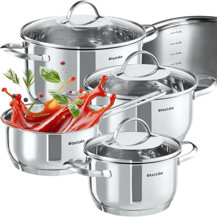 tectake Topf-Set Kochtopfset, Edelstahl, 7-teilig, aus Edelstahl, für Induktion geeignet