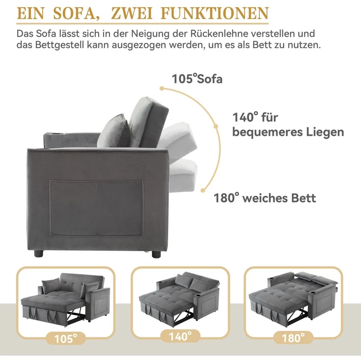 Schlafsofa Samt 3-in-1 verstellbar, 137 x 76.5 x 83 cm – Zweisitzer mit ausziehbarer Liege & Getränkehaltern – Bild 6