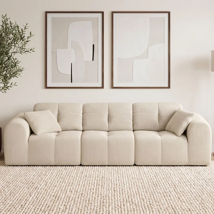 skølm 'Vanaheim' Sofa 3 Sitzer mit 2 Kissen, Cloud Sofa Cord beige, Vollschaumcouch it Federkern und Vakuum-Kompression, kein Aufbau erforderlich – Bild 1