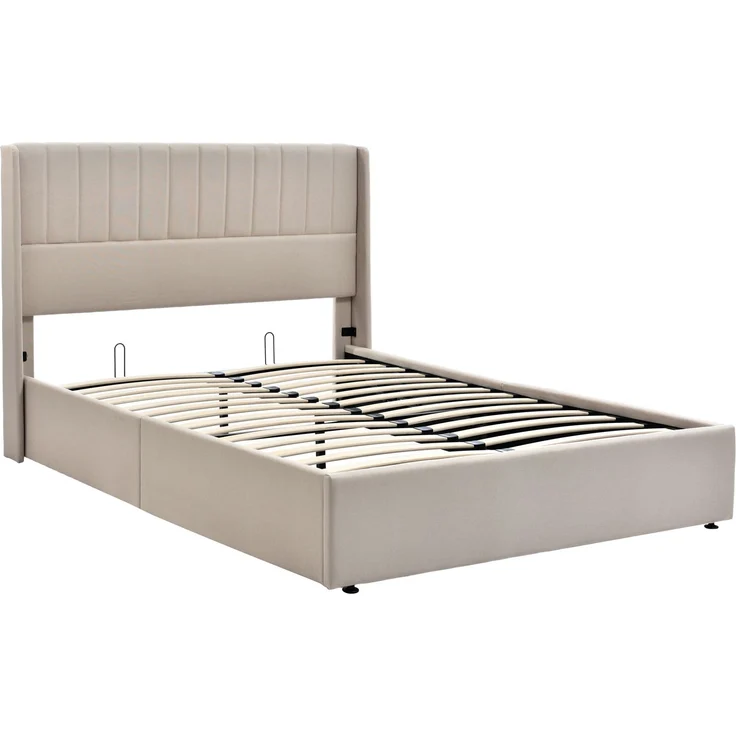 Stauraumbett Polsterbett 160x200 cm Doppelbett mit Hydrauliksystem, Lattenrost aus Holz und Metallrahmen, Leinen, Beige – Bild 10