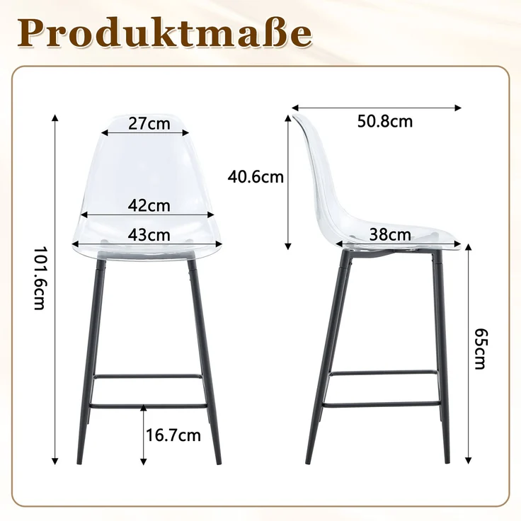 Transparentes Barhocker-Set, 4er-Pack, mit Metallgestell in Silber/Gold/Schwarz, Moderne Design-Stühle für Küche, Bar oder Esszimmer (Nur Stühle, ohne Tisch)--Schwarz--102x45x51cm--CHENHAONING – Bild 3