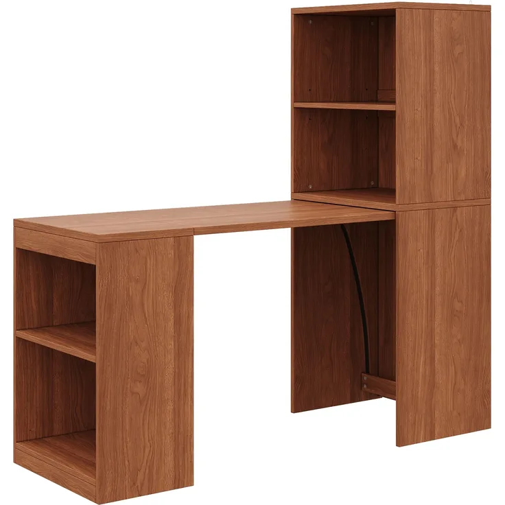 Flieks Klapptisch 130 x 51 x 137 cm, 2-in-1 Schreibtisch und Bücherregal mit 4 Fächern und Rollen, Nussbaumoptik