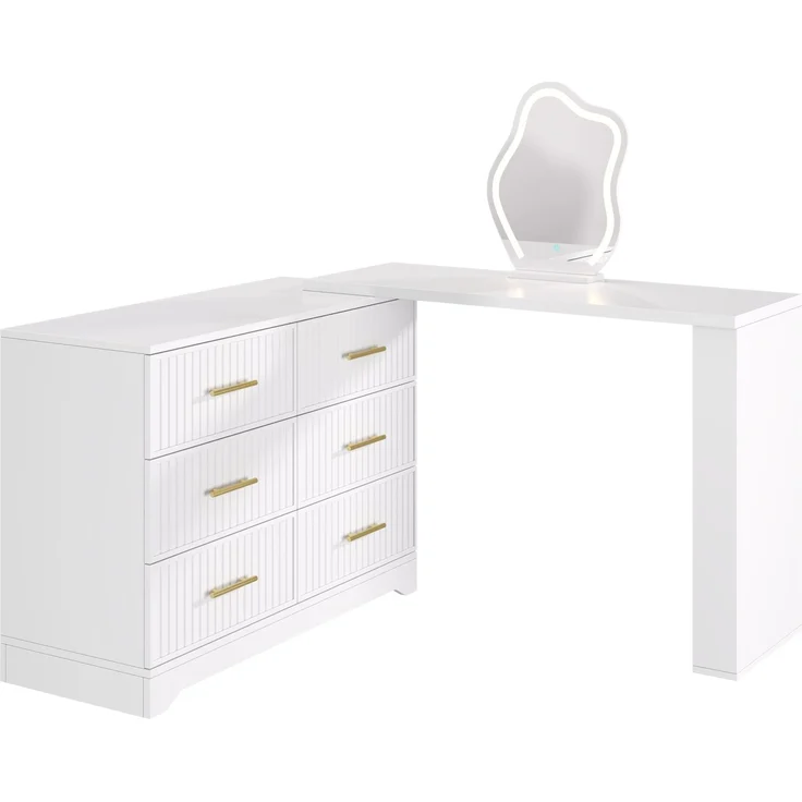 Schminktisch 110x40x129 cm, drehbar, mit LED-Spiegel und 6 Schubladen – Weiß und Goldfarben – Bild 6