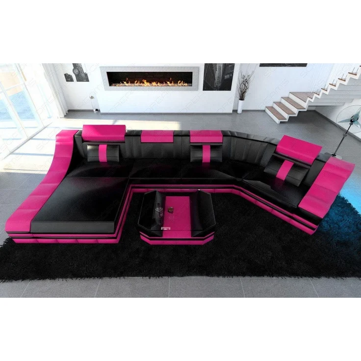 Sofa Dreams - Mini Luxus Wohnlandschaft Turino C-Form mit LED - Ledermix - Schwarz-Pink - Links – Bild 4