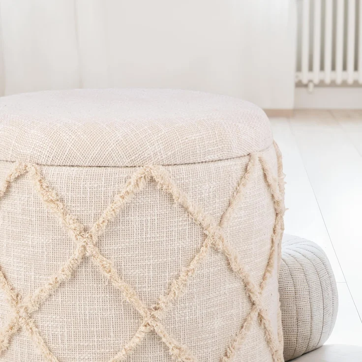 Sitzhocker mit Stauraum rund 40x40x45 cm Baumwolle Creme Boho Design abnehmbarer Deckel – Bild 5