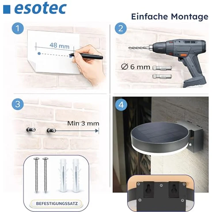 Esotec Solar PIR Wandleuchte Diana, Bewegungsmelder, 40 LEDs, Li-Ion Akku, wetterfest, schwarz, flach, H=7,5cm, Außenbeleuchtung, 102598 – Bild 5