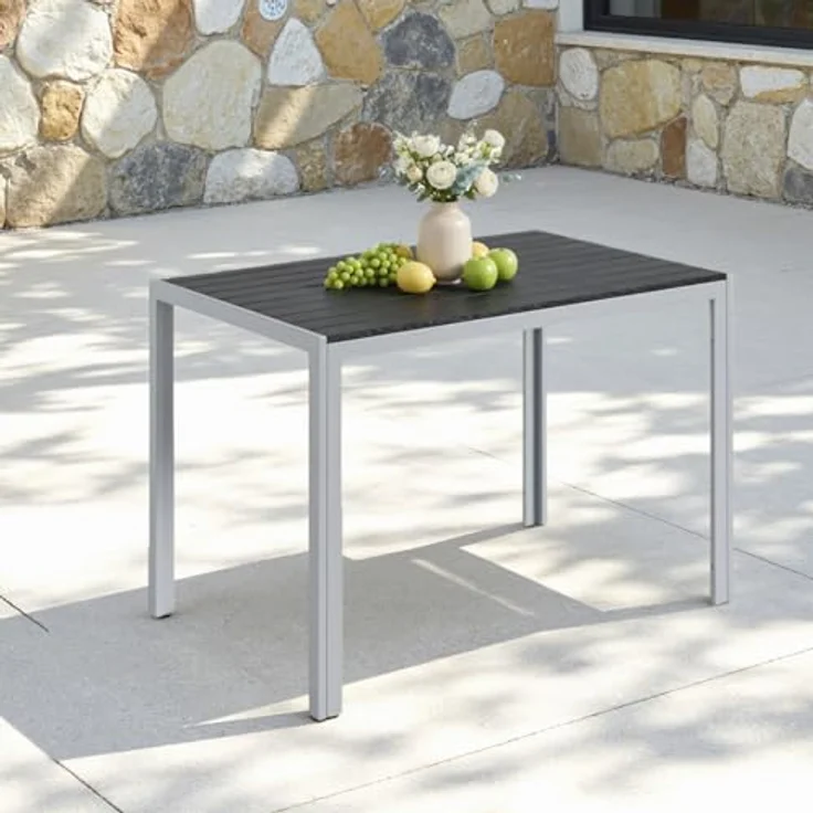 Clevich Gartentisch Wetterfeste, 110x70 cm, Outdoor-Esstisch, WPC-Balkontisch, Aluminiumrahmen, Wetterfeste Gartenmöbel, quadratischer Terrassentisch, Silber Grau – Bild 2