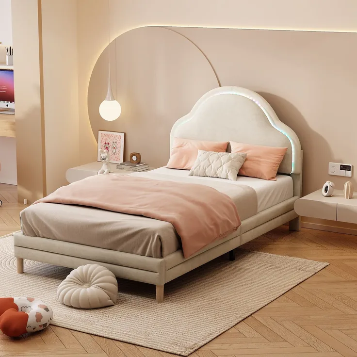 Polsterbett mit RGB LED-Beleuchtung und Lattenrost, 90x200 cm, Einzelbett mit Kopfteil und Lattenrost, Jugendbett, Samt