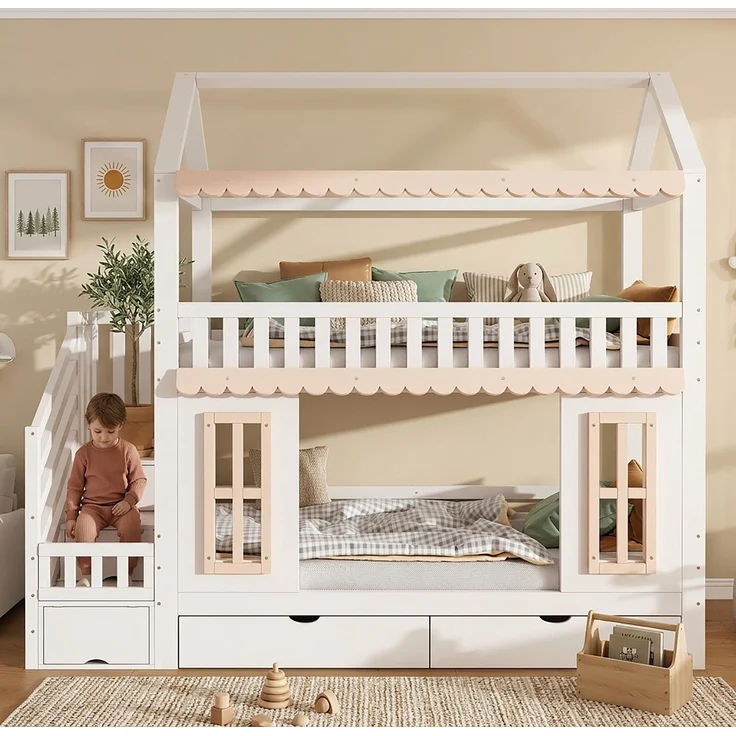 ZUBALIYA Etagenbett, Kinderbett, Hausform, Seitlicher Stauraumschrank mit Leiter, 2 Schubladen, Dekorative Holzfenster und Zierleisten, Kiefer+MDF, Weiß+Natur, 90x200 cm, Natur / Weiß – Bild 2