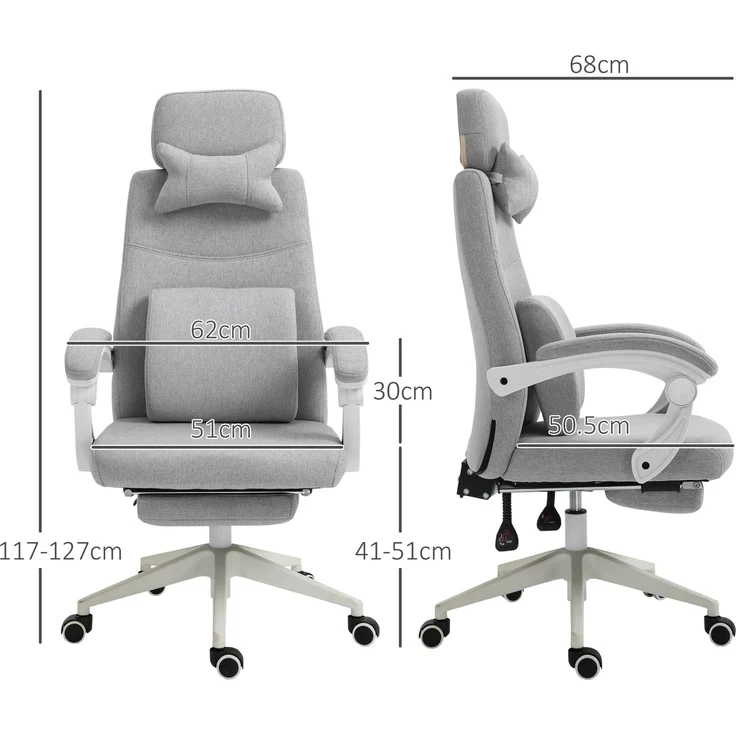 Ergonomischer Bürostuhl, Schreibtischstuhl mit Rollen, Lendenkissen, Kopfstütze und ausziehbarer Fußstütze, grau 62 x 68 x 117–127 cm – Bild 5