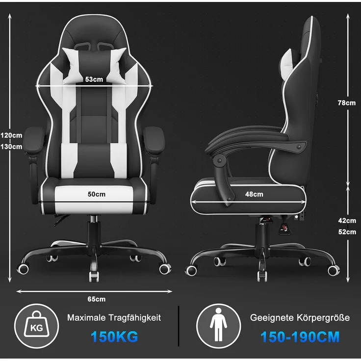 Devoko Gaming Stuhl mit Massagefunktion, Bürostuhl Ergonomisch mit Verstellbarer Ruckenlehne (90-135), Schreibtischstuhl mit Bewegliche Armlehne, max 150kg, Schwarz Weiß – Bild 3