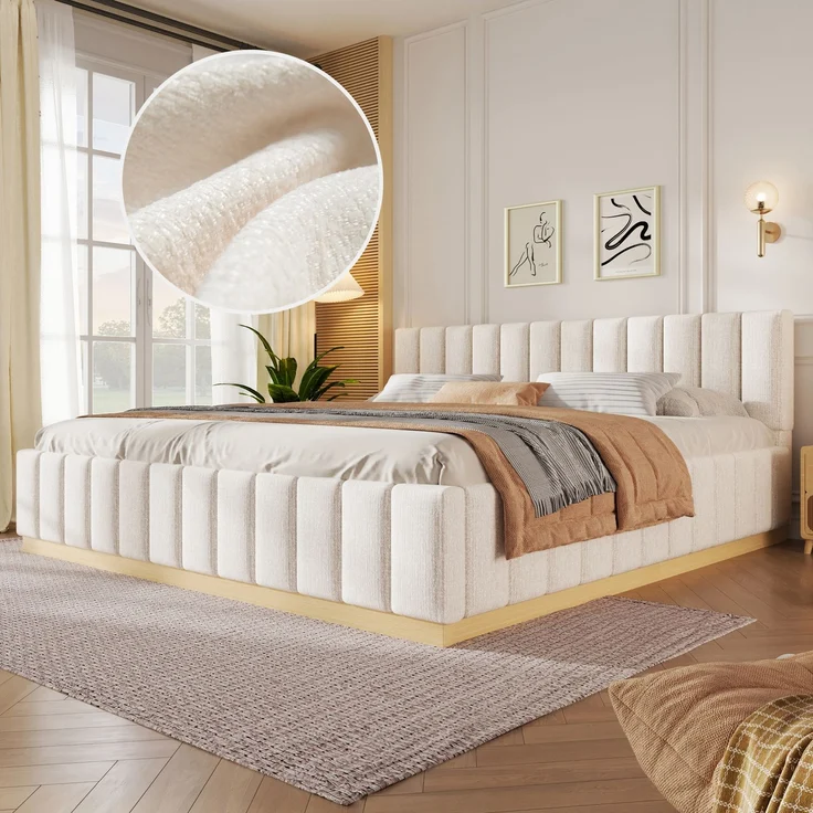 Polsterbett, Doppelbett, 180 x 200 cm, Bett mit Lattenrost, Kopfteil,Gepolstertes Kopfteil, Ohne Matratze, Beige Chenille – Bild 2