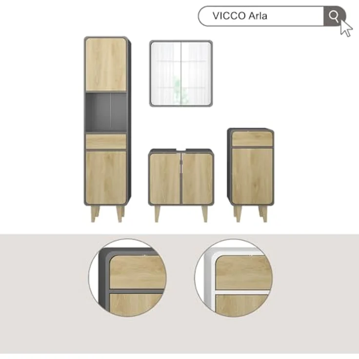 Vichy Badmöbel-Set Arla, 3-teilig, Anthrazit/Eiche mit Hochschrank und integriertem Spiegelschrank mit Beleuchtung – Bild 8