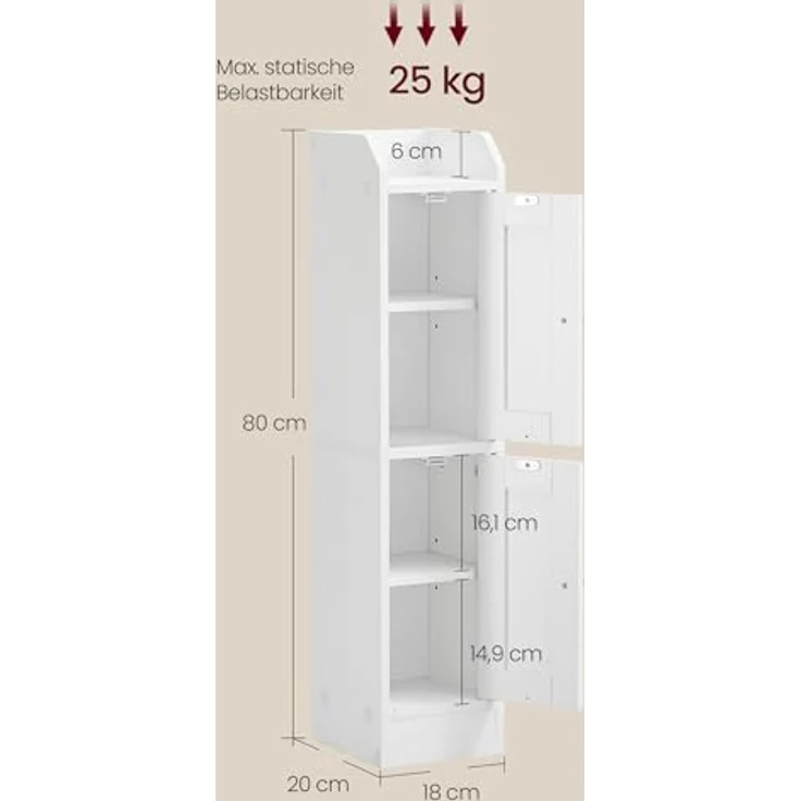 VASAGLE Siren Kollektion - Badezimmerschrank schmal, Badschrank, Eckschrank, verstellbare Ablagen, Hochschrank Bad, Türen nach Links oder rechts öffnend, Landhausstil, wolkenweiß BBK312WB02 – Bild 4