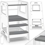 KIDUKU® Lernturm Weiß/Grau aus Holz ab 1 Jahr mit 4 Stück Antirutsch Pads | Montessori Kinder-Schemel für Kinder | Lerntower für höchste Sicherheit | Learning Tower für Mädchen & Jungen