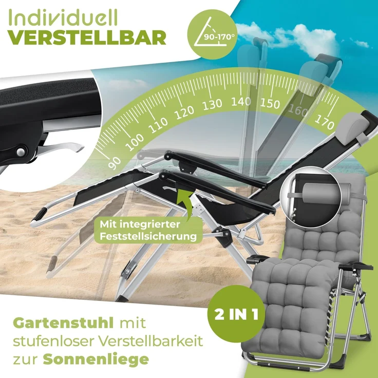 KESSER® Sonnenliege Liegestuhl Klappbar Mit Getränkehalter Gartenstuhl Mit Auflage Polster, Liegestuhl, Extra groß Gartenliege, Verstellbar Rückenlehne Garten Liege mit Kissen-Unterstützung Grau – Bild 5