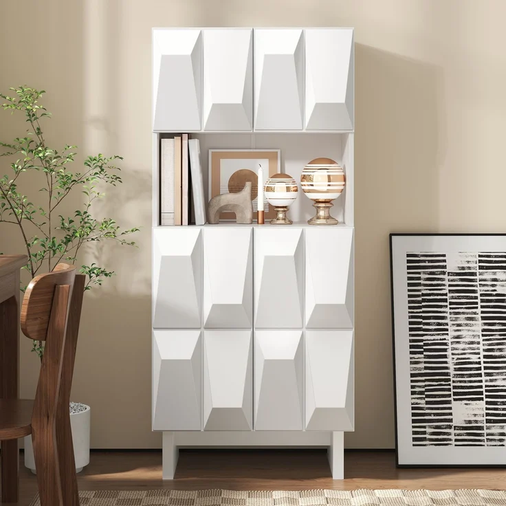 EINHOM Vitrine Display Schrank Hochschrank Spanplatte Relief 4 Türen Offenes Fach Verstellbarer Boden Wohnzimmer Arbeitszimmer – Bild 4