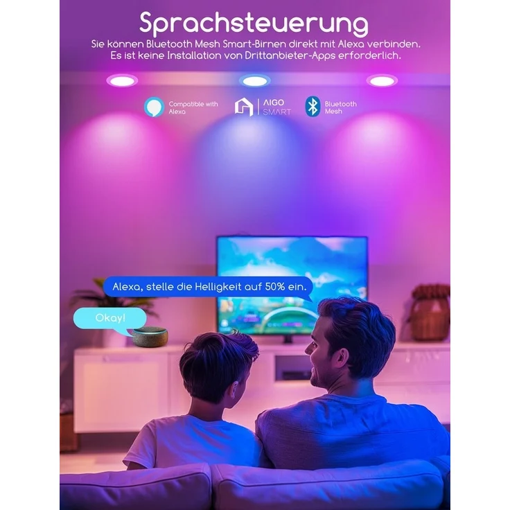 Aigostar LED Einbauleuchte Smart Decken Einbaulampe RGB+CCT Kompatibel mit Alexa Bluethooth Mesh, Ф100-110mm – Bild 2