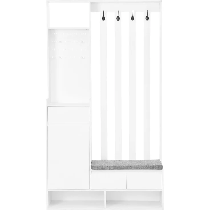 Merax 180cm Flurgarderobe, mit gepolsterter Aufbewahrungsbank, multifunktionaler Flur-Schuhschrank mit Stecktafel, moderne Garderobe mit 4 Haken, Weiß – Bild 10