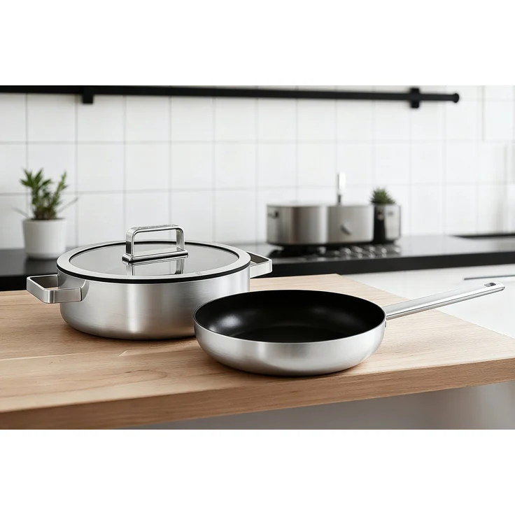 Hanseatic Pfannen-Set PREMIUM, Edelstahl (Set, 3-tlg, 1x Pfanne 24 cm, 1x Servierpfanne 28 cm mit Deckel), mit Antihaftbeschichtung, für alle Herdarten, Induktion – Bild 2