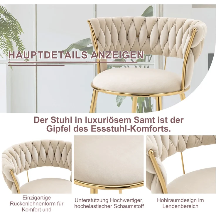 Esszimmerstuhl Samtstoff 2-teiliges Set, mit ergonomischer Rückenlehne, Hohlbünst-Design, gepolstert, Metallbeine goldfarben – Bild 7