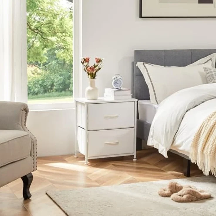 DUMOS Kommode für Schlafzimmer mit 2 Stoffschubladen, hohe Kommode Organizer für Kleidung, Schrank Kinderzimmer, Aufbewahrungsturm mit Schrank, Metallrahmen, Holzplatte, leichte Kinderzimmermöbel – Bild 2
