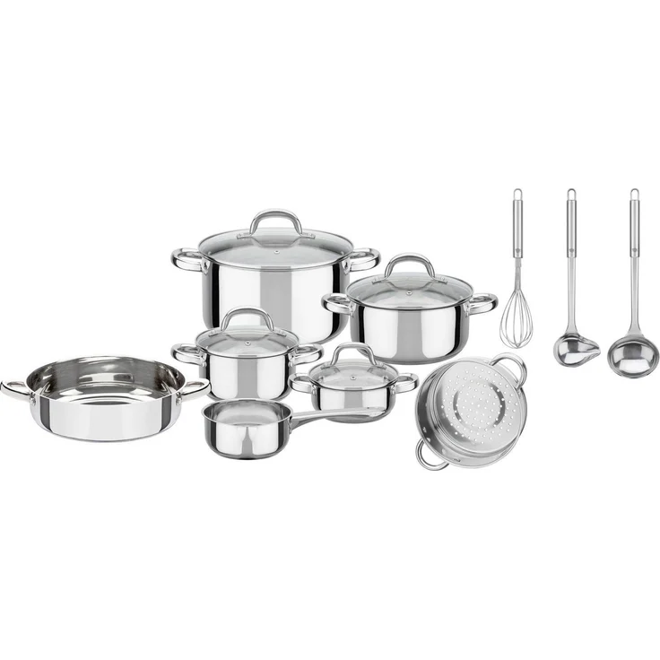 GSW Topf-Set Montreal, Edelstahl (Set, 14-tlg, Kochtopf 14/16/20/24 cm, Stielkasserolle 14 cm, Pfanne 24 cm, Einsatz), Induktion – Bild 3