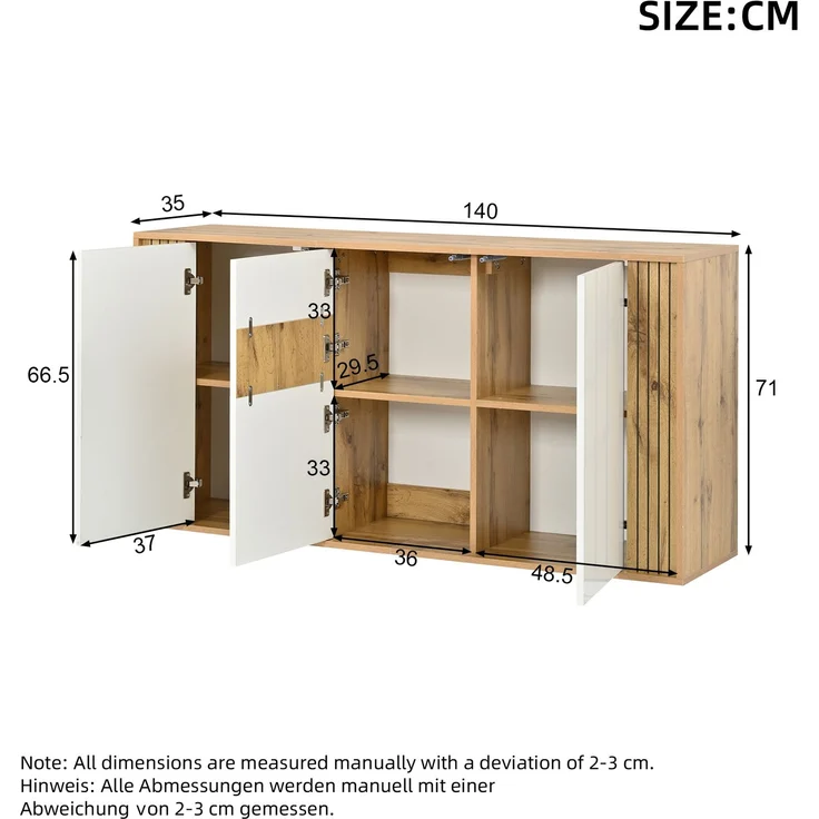 ZUBALIYA Sideboard 140x35x71 cm, mit 3 Türen, aus MDF / Spanplatte, Weiß / Natur – Bild 4