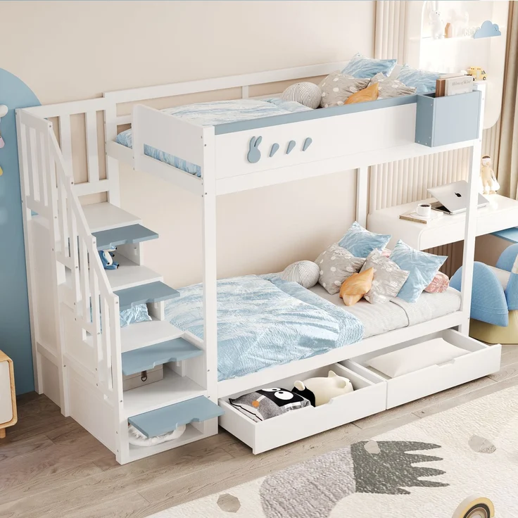 Kinder-Etagenbett 90x200 cm mit Kaninchen-Design, Stauraumleiter, Schubladen, Ablagefach, Massivholz,Weiß & blau – Bild 2