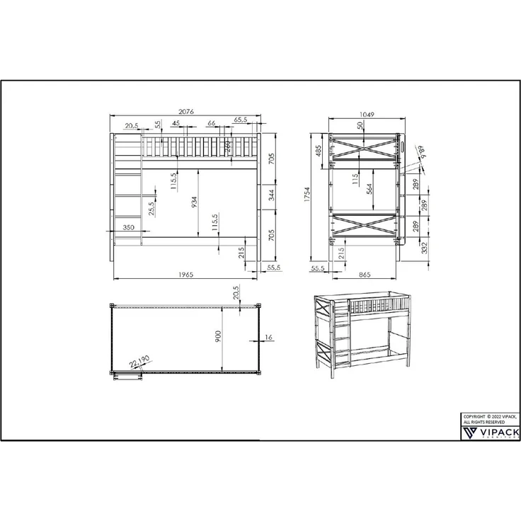 Etagenbett Karyl 208x105x175 Hochbett Massivholz Weiß – Bild 5