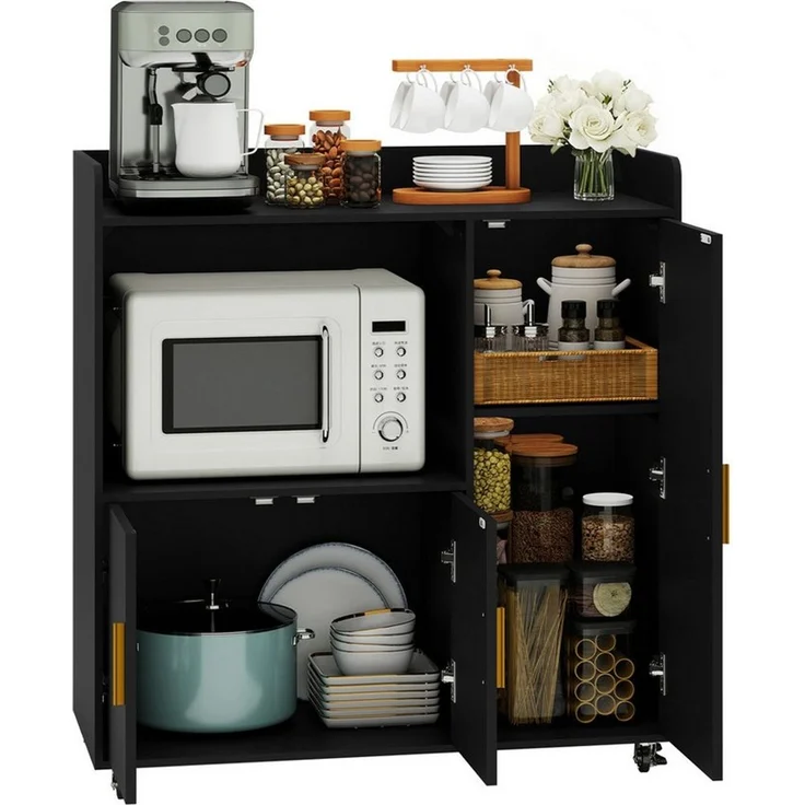 Puluomis Küchenwagen Servierwagen Buffet mit Mikrowellenablage, Rollen mit Bremsen 90x40x97, Küchentrolley Küchekommode Küchenschrank Sideboard – Bild 1