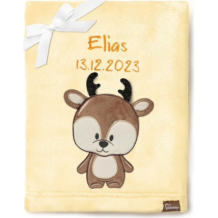 Be Mammy Personalisierte Babydecke mit 3D Applikation Warme Kuscheldecke mit Namen und Geburtsdatum; Perfektes Baby Geschenk; Blanket; Krabbeldecke BE20-280 (Gelb - Hirsch)