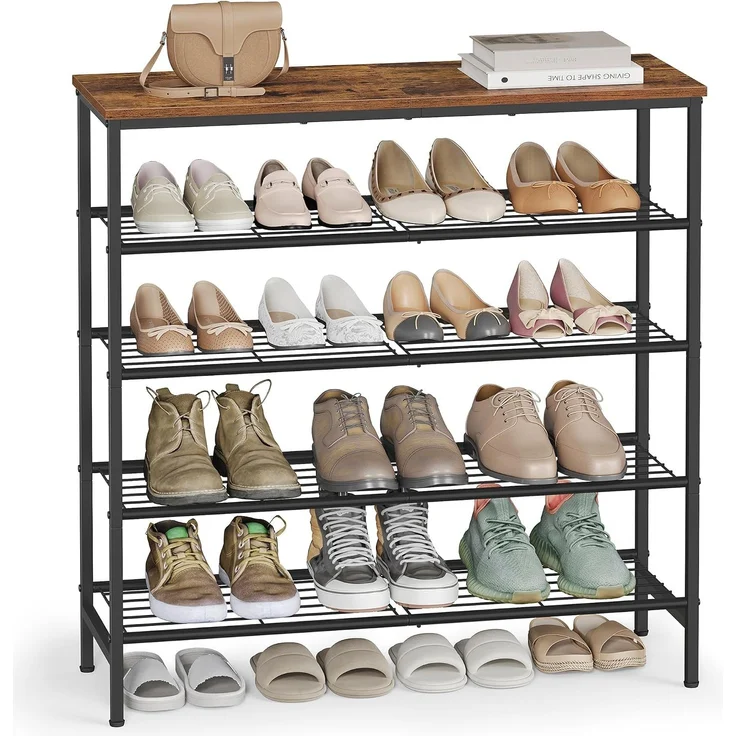 VASAGLE Schuhbank, Schuhaufbewahrung, Schuhregal, Metallrahmen, 5 Ebenen, für bis zu 18-24 Paar Schuhe, braun-schwarz – Bild 1