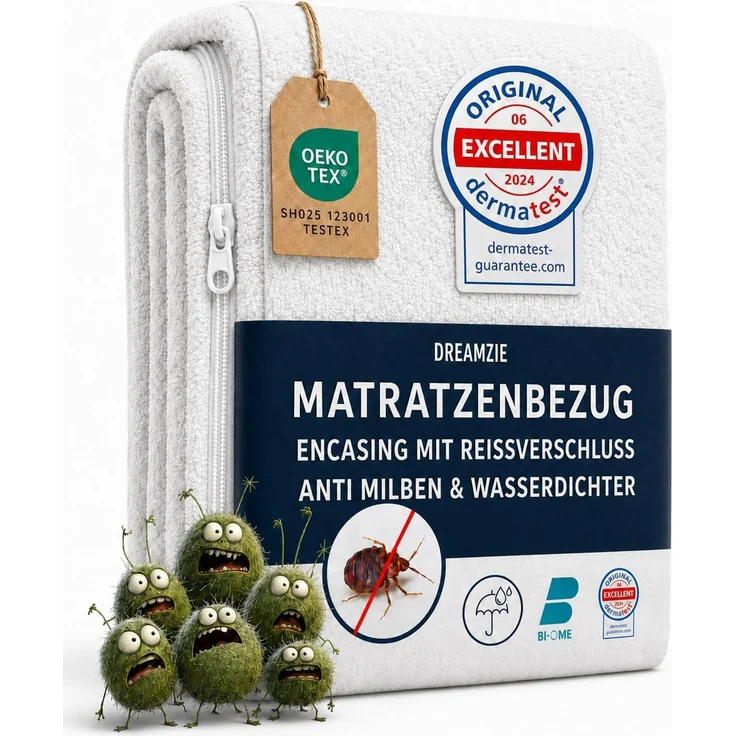 Dreamzie - Matratzenbezug 90x190x20cm - Encasing Milbenbezug - Wasserdicht | Mit Reißverschluss · Anti-Milben & Bettwanzen · Frottee-Oberfläche · Matratzenschoner für Allergiker · Bi-Ome · Oeko-Tex