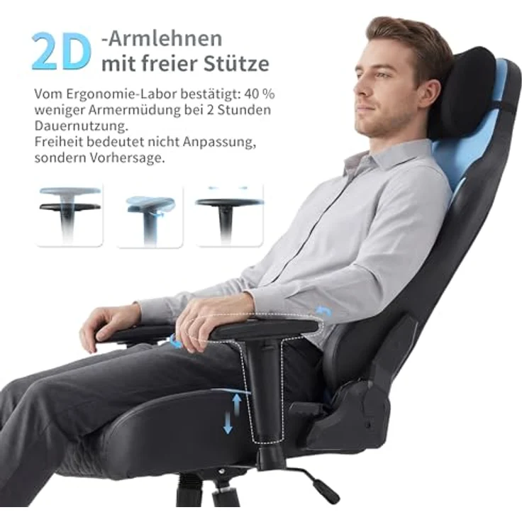 JUMMICO Gaming-Stuhl mit Verstellbarer Lendenwirbelstütze & 2D-Armlehnen, 90-140° Neigbar, Ergonomischer Computerstuhl aus Kunstleder, Atmungsaktiver Bürostuhl für Gamer & Büro, 150 kg, Blau – Bild 7