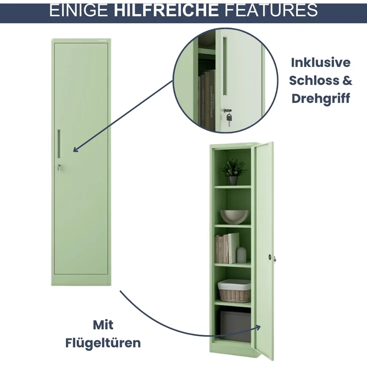 Aktenschrank abschließbar KADO - 5 Ebenen verstellbar, Flügeltüren | Metallschrank Werkstatt Mehrzweckschrank Büroschrank aus Stahl Werkzeugschrank, 185x45x40cm Pastellgrün – Bild 5