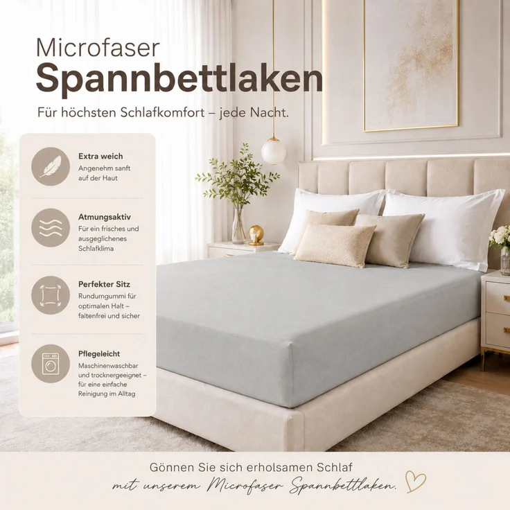 Microfaser Spannbettlaken - Spannbetttuch 140-160x200 cm – Atmungsaktiv, Knitterfrei & Pflegeleicht – OEKO-TEX Bettlaken mit Rundumgummi - Silber – Bild 2