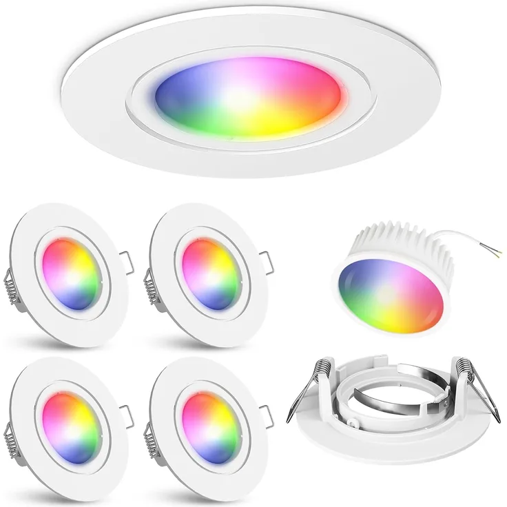linovum Smarte LED-Leuchte 4er Set Extra flacher LED Einbaustrahler weiss rund starr inkl. LED, RGB