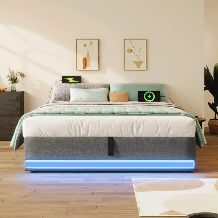 Futonbett mit LED-Beleuchtung, Aufbewahrung und Mehrfachsteckdose, 140x200 cm, Doppelbett ohne Kopfteil, Leinen – Bild 3